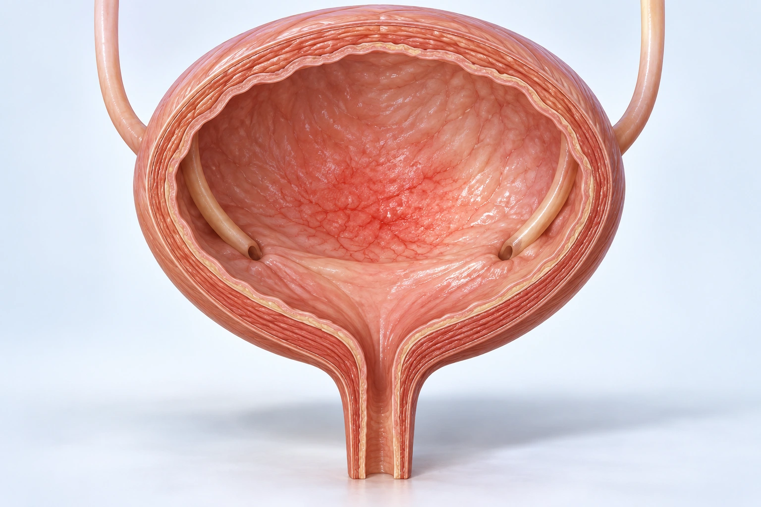 방광 단면과 내부 점막의 염증을 보여주는 의료 3D 일러스트